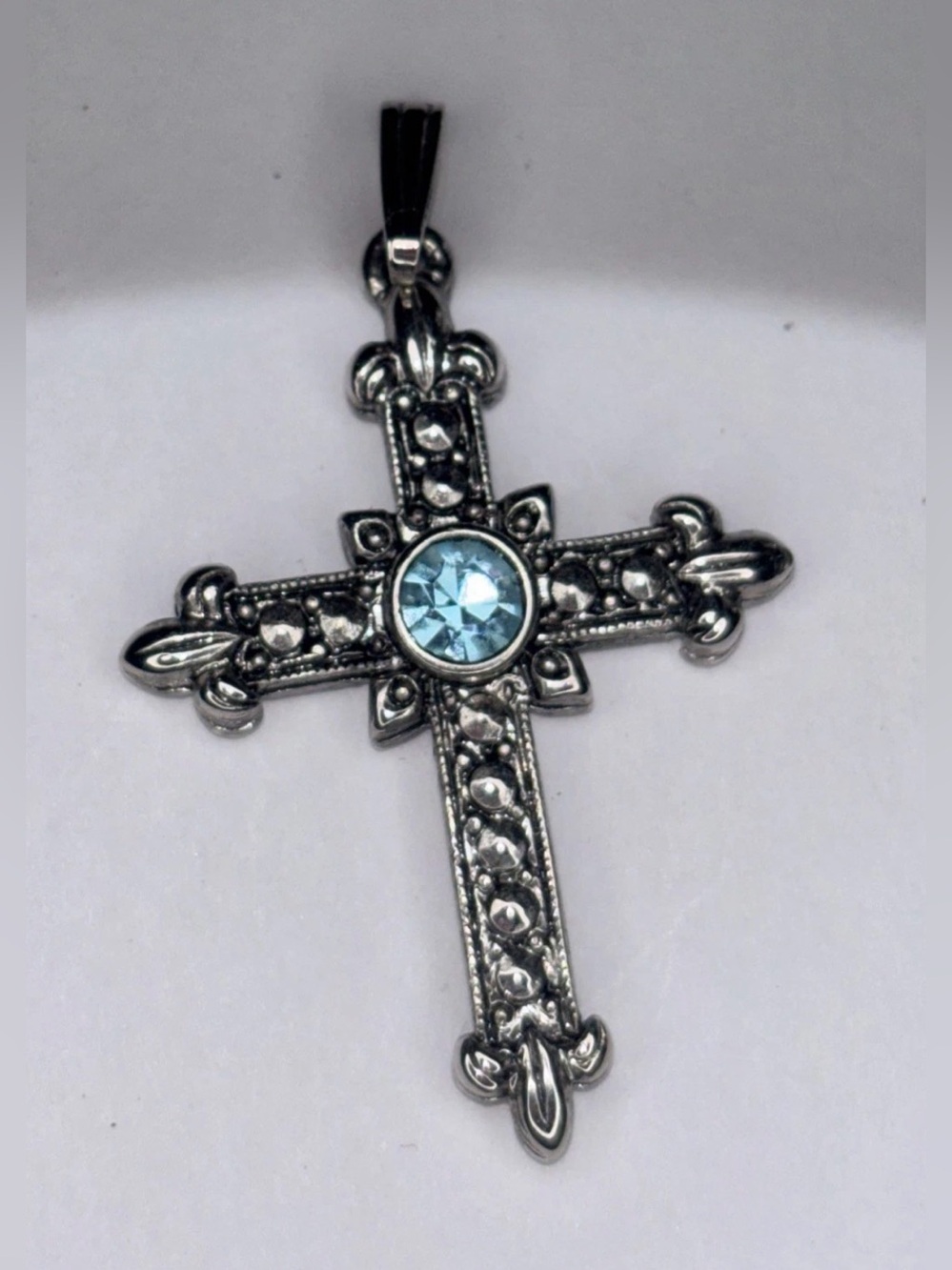 Vintage Avon Blue‎ Center Cross Pendant Silver Tone 1.75”